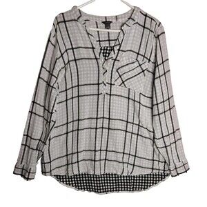 Eddie Bauer Shirt Womens XL Black White Gray Plaid Henley Long Sleeve  Cotton